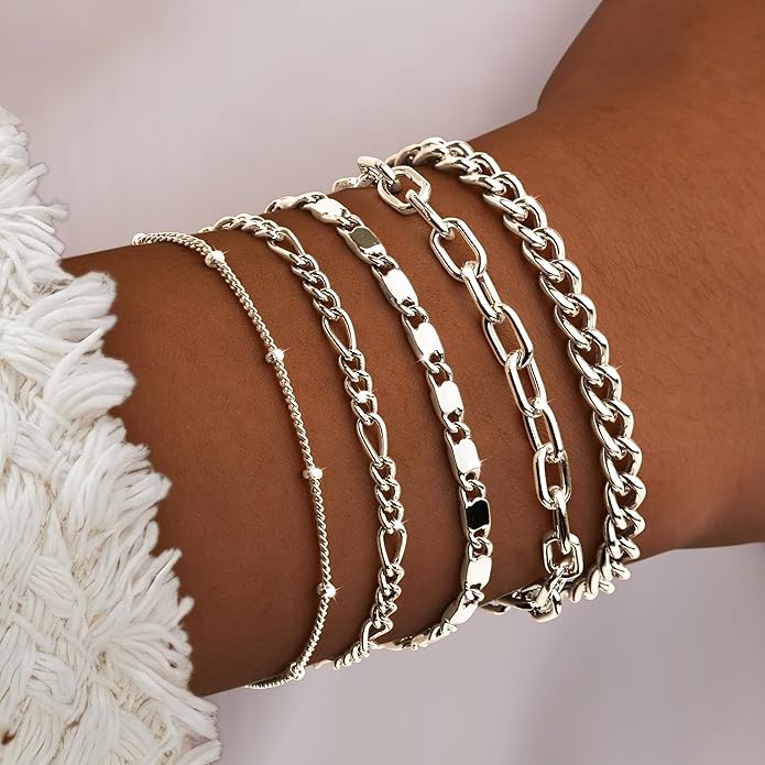 Gold Bracelets for Women Trendy,14K Gold Plated Dainty Stackable Paperclip Cuban Link Chain Bracelets, Simple Cute Cuff Bracelets Jewelry Set Adjustable 7"+2"