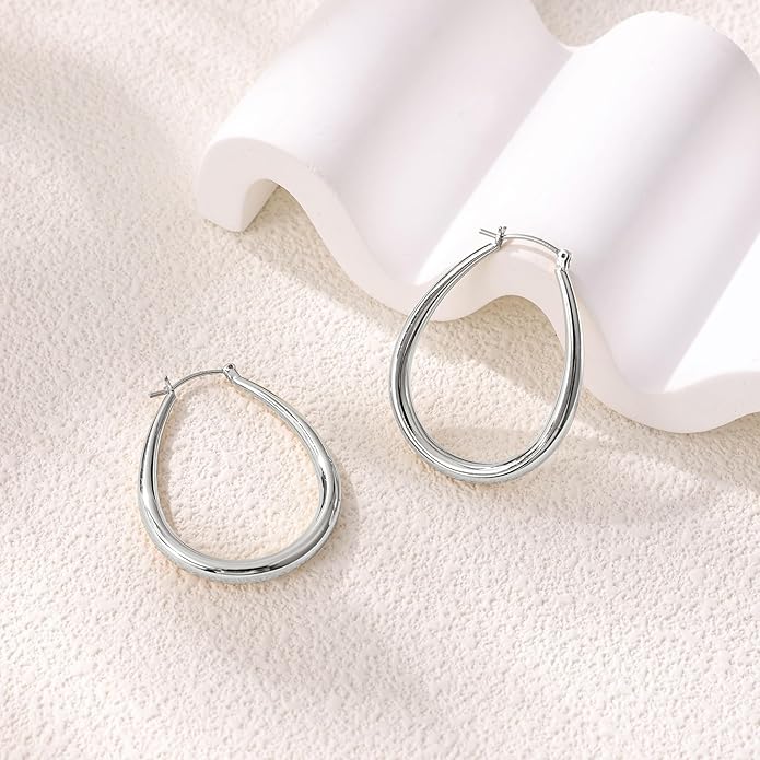 Gacimy Chunky Hoop Earrings for Women, 14K Gold Plated Oval Hoop Earrings with 925 Sterling Silver Post