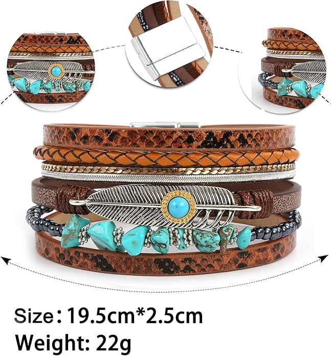 Fesciory Leopard Bracelet for Women, Boho Leather Wrap Multi-Layer Pearl Crystal Bracelet Bangle Jewelry