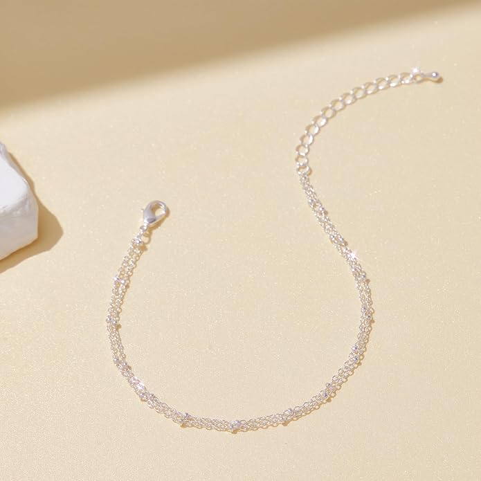 Sterling Silver Anklet Bracelets for Women Waterproof, 925 Sliver Plated CZ & Heart Charm Dainty Layer Anklets for Women Trendy, Simple Chain Anklets Set Gifts for Women, Jewelry Gifts for Her Women Mom Wife Girlfriend