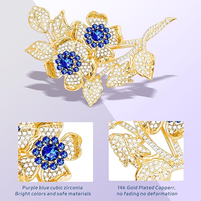 KZQtriid Brooches For Women,14k Gold Plated Copper,Cubic Zirconia Roseate Love Brooch Pins For Women ，Cubic Zirconia Broach，Flower Broach