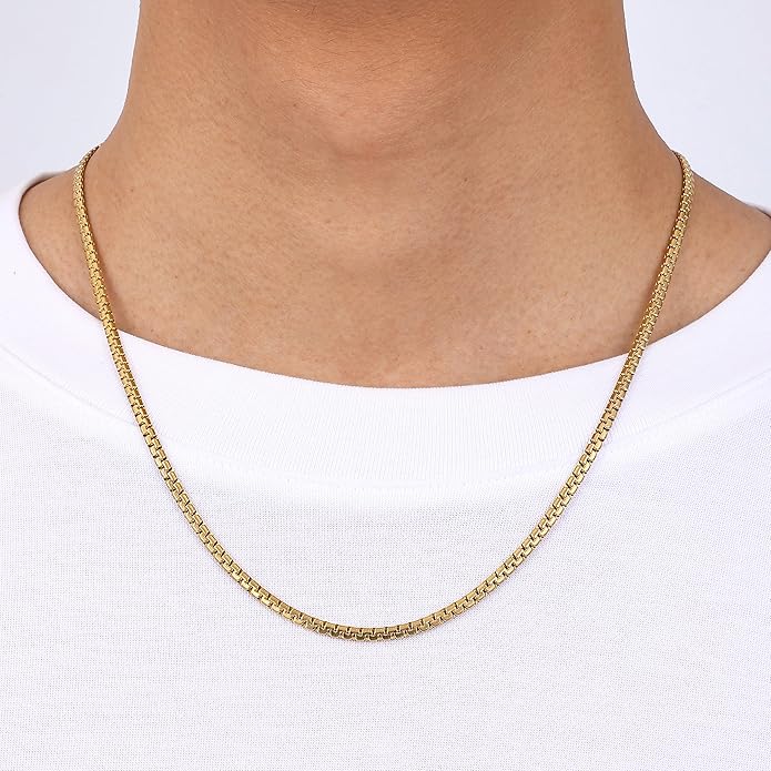 Fiusem Flat Box Chains for Men, 14k Gold Plated Stainless Steel Chain Necklace, 2.5/3/4/4.5/5mm Necklaces for Men and Women 16-28 Inch