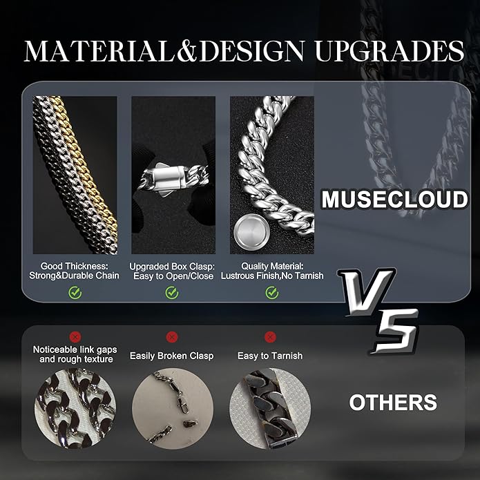 MUSECLOUD Gold Cuban Link Chain for Men Mens Stainless Steel Miami Curb Chains Necklace 5/8mm Thick Real Gold/Silver/Black Plated Diamond Cut Non-Tarnish Jewelry Trendy Christmas Gifts 18-26 Inch