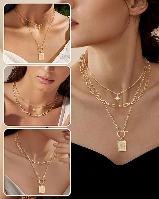 MJartoria Layered Initial Necklaces for Women Trendy, 14K Gold Plated Brass Simple Star Choker Square Letter Pendant Necklace, Paperclip Chain Necklaces Jewelry Gifts