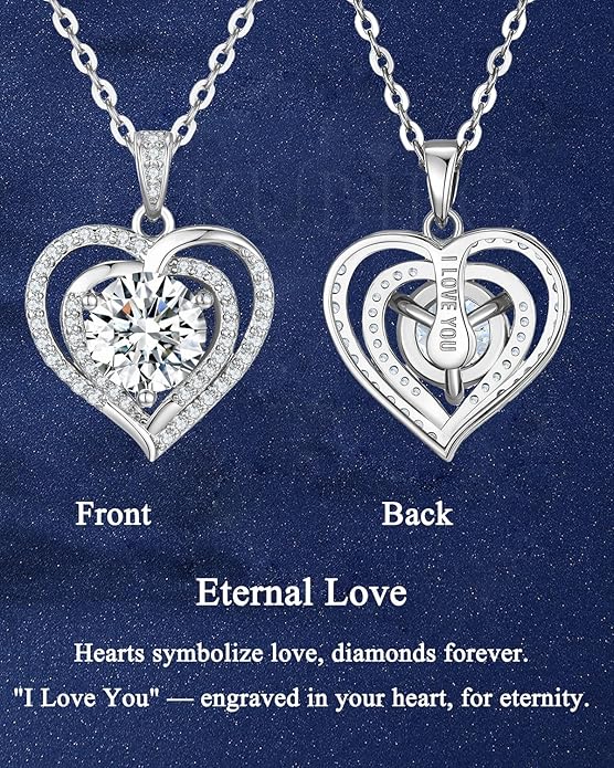 Moissanite Heart Necklaces,1-2 Carat Moissanite Necklace, Pendant Necklace Engraved with 'I LOVE YOU,Wedding Gifts,Birthday Gifts for Her,Jewelry Gifts for Christmas Valentine's Day
