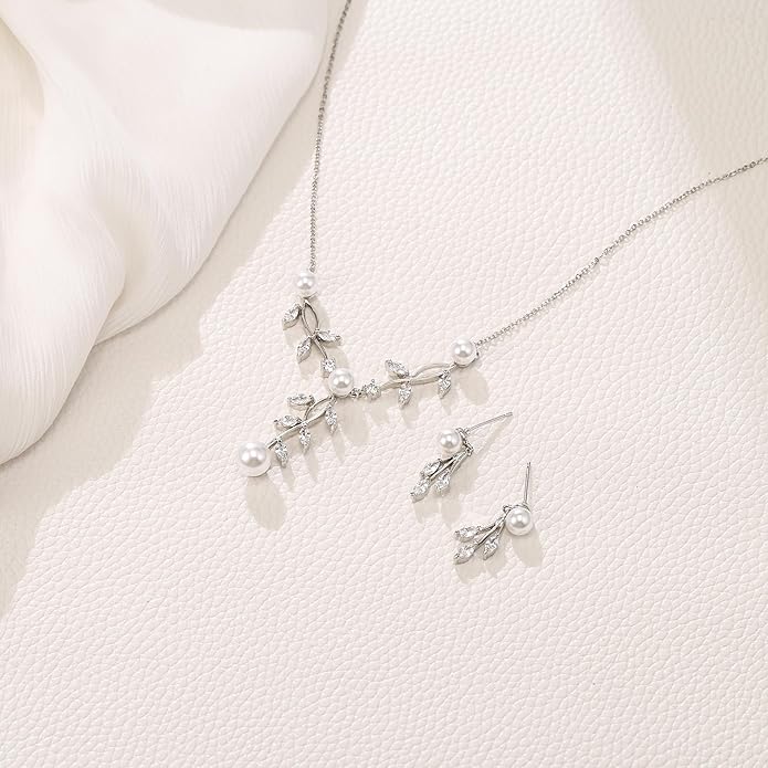EleQueen Women's Simulated Pearl Wedding Jewelry Set, Cubic Zirconia Marquise Floral Bridal Necklace Earrings Bracelet Sets