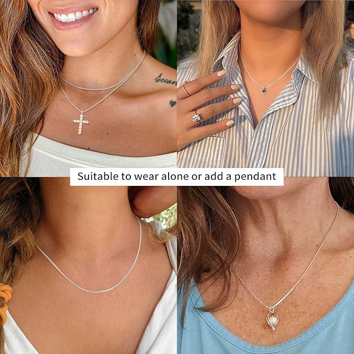 ASHINE 925 Sterling Silver Box Chain Necklace for Women, 1mm 0.8mm Italian Chains, Dainty & Sturdy Necklace with Silver Polishing Cloth Available in 16-36 Inch