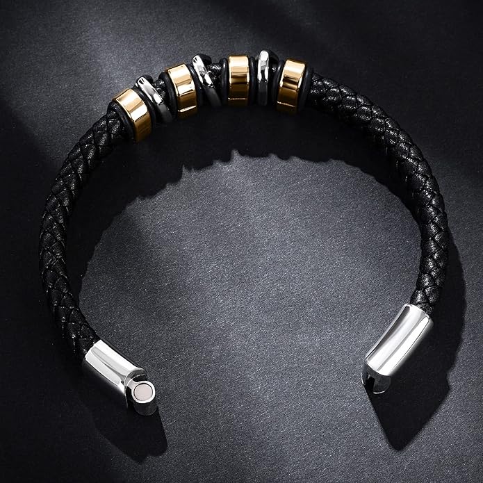 Leather Bracelet for Men Braided Cuff Wristband Stainless Steel Clasp in Silver and Gold Jewellery Gift