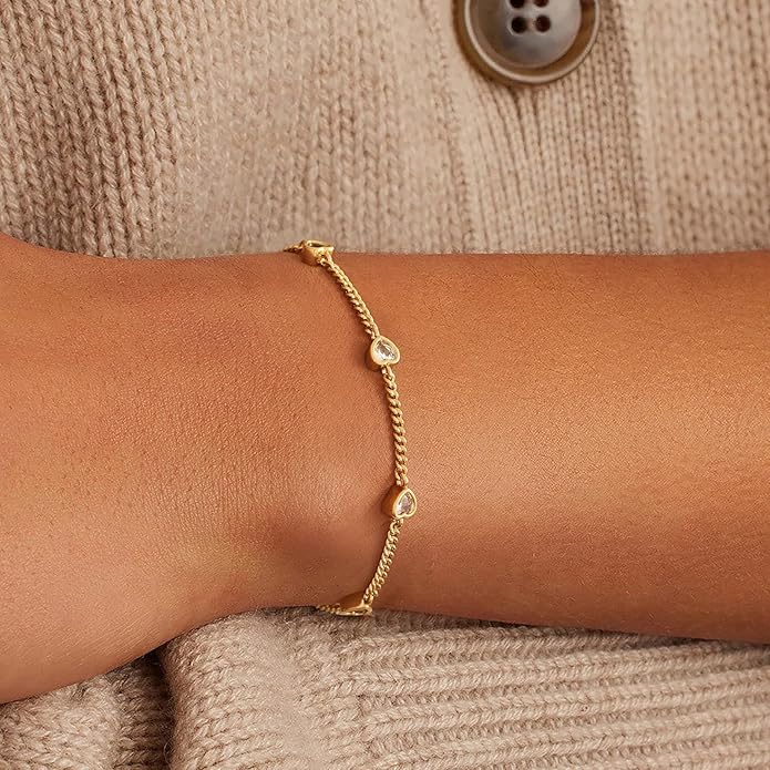 Gold Bracelets for Women,14K Dainty Gold Plated Bracelets Non Tarnish Waterproof Diamond Bracelets Heart Flower Round Square CZ Charm Bracelet Trendy Stuff Jewelry Gifts for Her