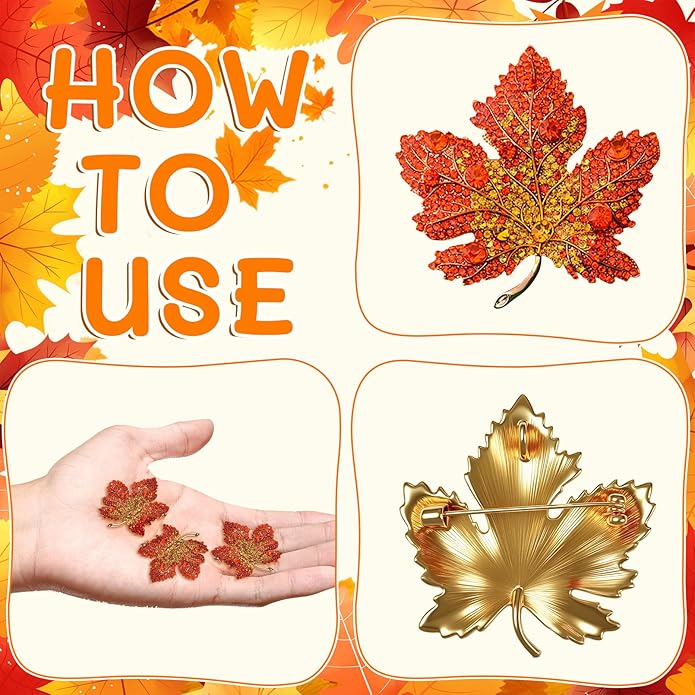 Vintage Maple Leaf Brooch Pin, with Rhinestones Autumn Thanksgiving Lapel Pin Set, Sparkling Floral Design for Wedding Party Jewelry Accessories Fall Gift Ideas