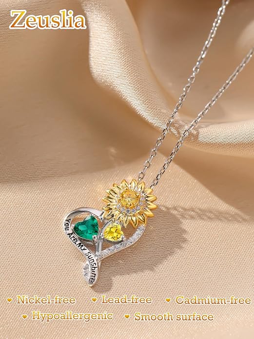 Zeuslia Double Birthstone Necklace Gifts for Wife - 925 Sterling Silver Sunflower/Rose/Crown Cross/Compass/Heart Pendant I Love You Necklace, Anniversary Birthday Gifts for Wife Girlfriend Mom Her