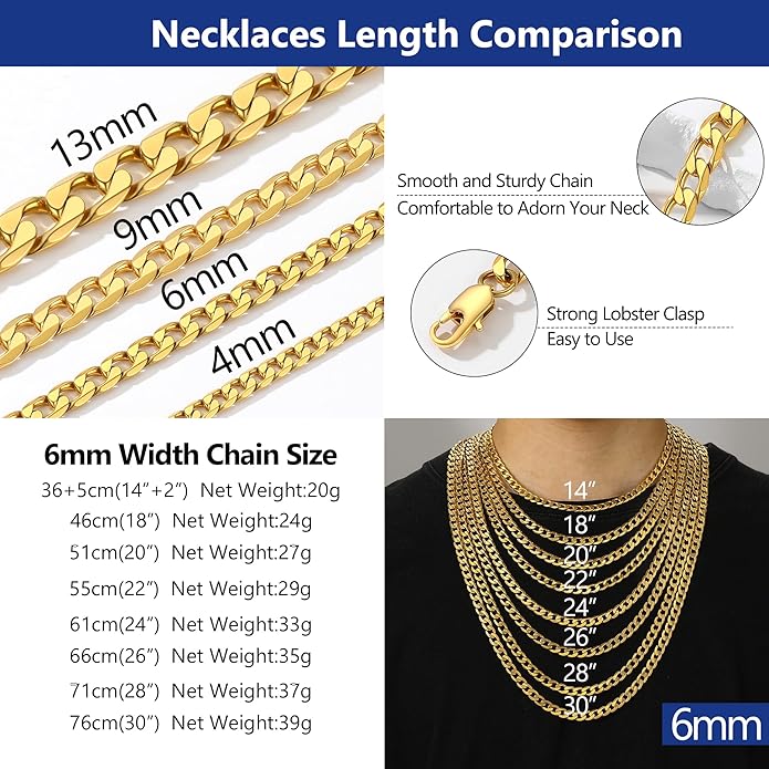 PROSTEEL 316L Stainless Steel Cuban Link Chain Necklaces for Men, Black/18K Gold Plated, Hypoallergenic Jewelry, 4mm-13mm, 14"-30", Come with Box