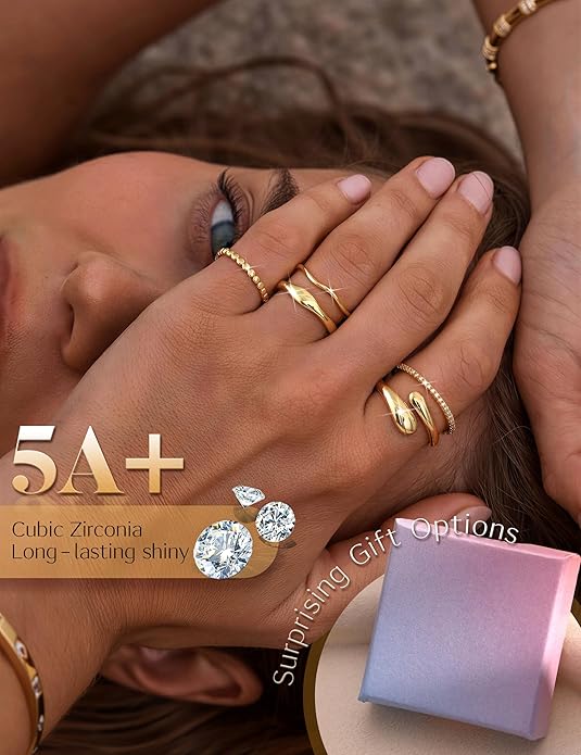 THUNARAZ 14K Gold Plated Rings for Women Non Tarnish Stackable Chunky Rings Cubic Zirconia Thumb Ring Set Dainty Trendy Statement Promise Wedding Bands Engagement Ring for Women Size 6-10
