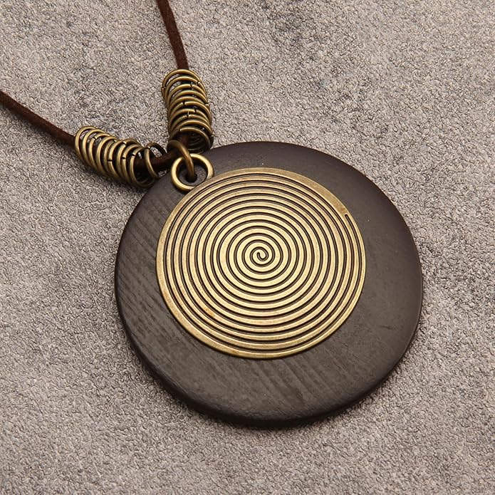 Long Boho Necklaces for Women Vintage Leather Wooden Pendant Y Choker Ethnic Style Gold Circle Hippie Sweater Necklace
