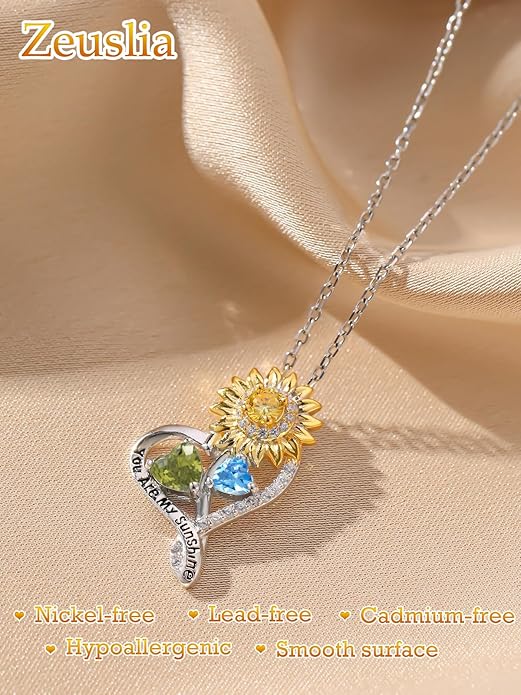 Zeuslia Double Birthstone Necklace Gifts for Wife - 925 Sterling Silver Sunflower/Rose/Crown Cross/Compass/Heart Pendant I Love You Necklace, Anniversary Birthday Gifts for Wife Girlfriend Mom Her
