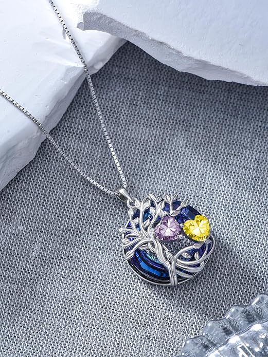 TOUPOP s925 Sterling Silver Family Celtic Tree of Life Pendant Necklaces with 2 Heart Birthstone with Blue Austrian Crystal Jewelry Birthday Anniversary Christmas Gifts for Her Wife Girlfriend Mom (18K Real White Gold Filled)