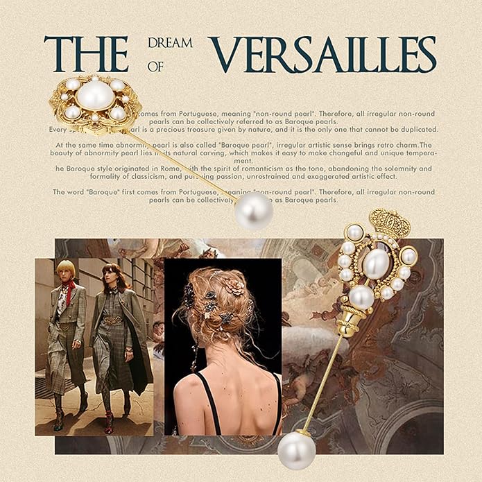 SHE'S FREE STYLE JUST FOR YOU [Versailles Dream] Vintage crown flower brooches and pins for women, Pearl brooch pins Metal Plating Process safety pins Baroque Style jewelry pins and brooches