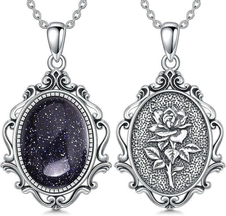 PELOVNY Rose Necklace 925 Sterling Silver Moonstone Turquoise Obsidian Necklace Victorian Cameo Rose Vintage Western Jewelry Christmas Valentines Day Gifts for Women