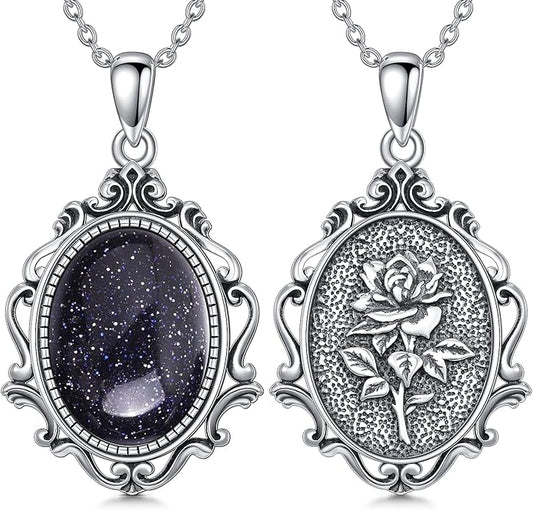 PELOVNY Rose Necklace 925 Sterling Silver Moonstone Turquoise Obsidian Necklace Victorian Cameo Rose Vintage Western Jewelry Christmas Valentines Day Gifts for Women