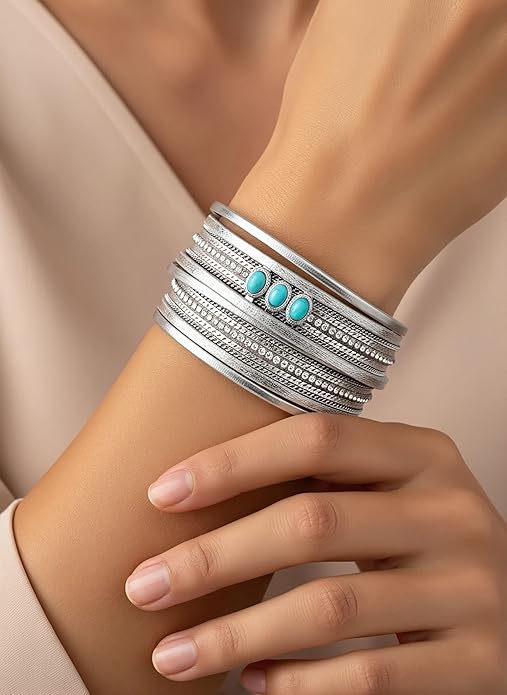 Edoneery Leather Wrap Bracelet for Women, Boho Handmade Multi-Layer Cuff with Crystal Beads Heart, Stackable Bangle Western Jewelry Gift