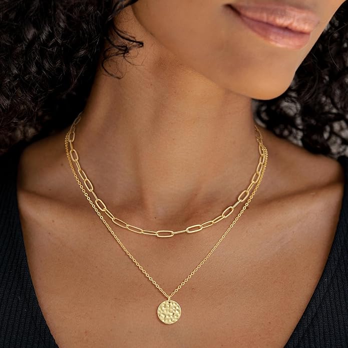 Layered Necklaces for Women 14K Gold Plated Stack Circle Pendant Trendy Long Chain Stackable Handmade Coin Necklace Set Dainty Gold Stacked Jewelry Gifts