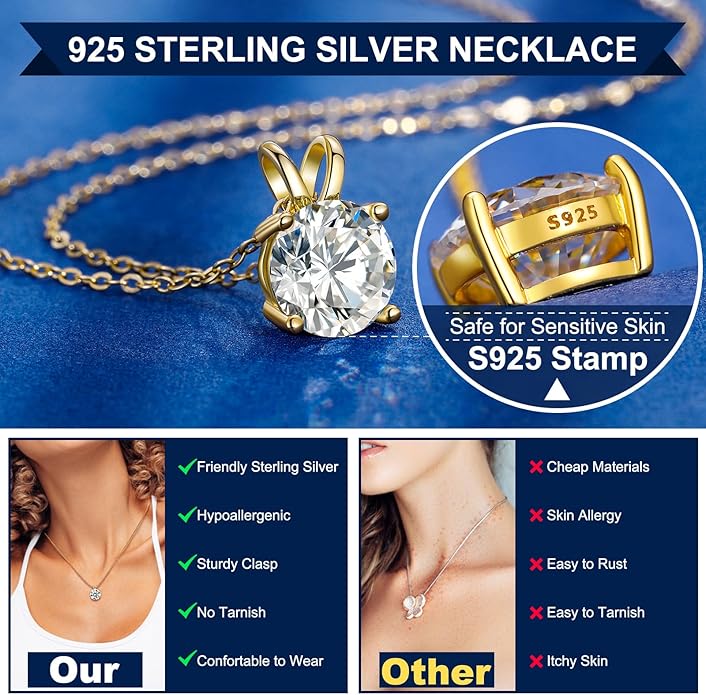 Moissanite Necklace for Women 0.1-12.0CT(3-15mm) Oval/Round Cut Moissanite Pendant 18k Gold Plated Sterling Silver Necklace D Color VVS1 Solitaire Pendant with 18+2 Inch Chain Jewelry for Mom/Wife