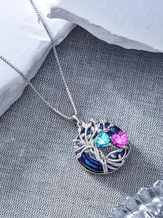 TOUPOP s925 Sterling Silver Family Celtic Tree of Life Pendant Necklaces with 2 Heart Birthstone with Blue Austrian Crystal Jewelry Birthday Anniversary Christmas Gifts for Her Wife Girlfriend Mom (18K Real White Gold Filled)