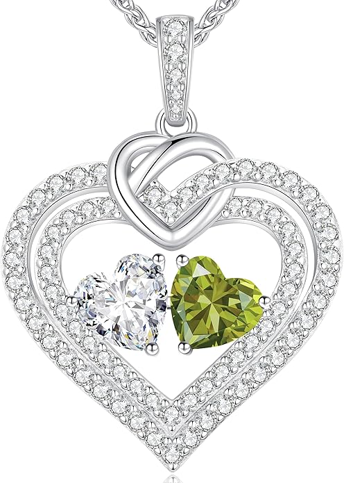 LOUISA SECRET Sparkling Double Heart Birthstone Necklaces for Women, 925 Sterling Silver Fine Jewelry, Pendant Heart Necklaces Birthday Anniversary Christmas Gift for Women Wife Mom Girlfriend Lady