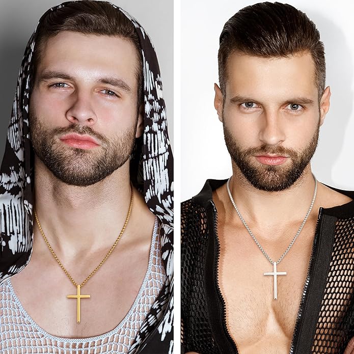 Romass 2 Pcs Cross Necklace for Men Boys,Stainless Steel Pendant Silver Black Gold Crosses Chain Jewelry Gifts Box 16-30 inches