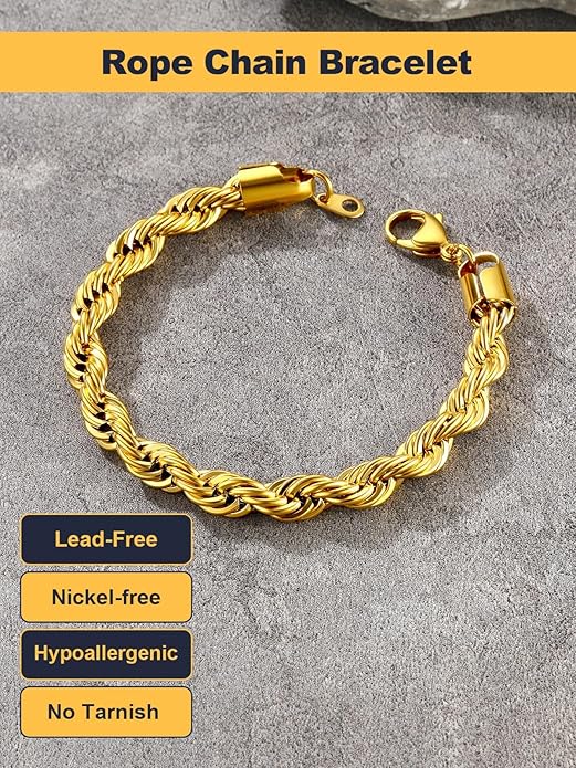 U7 Link Bracelets for Men, Cuban Link/Rope/Watch Band Solid Bracelet, Silver Black Gold Color Wrist Bracelet 3/6/9/12/15mm Width, 6.5/7.5/8.3 Inch Length, Hand Chain Jewelry for Mens Women