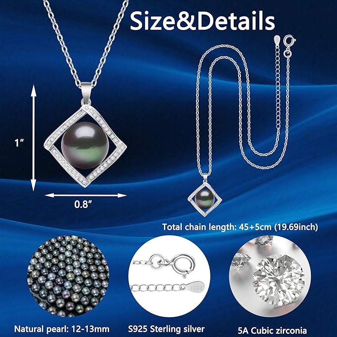 Tahitian Black Pearl Necklace for Women – 12-13mm AAAA Quality Real Pearl Pendant in 925 Sterling Silver, Adjustable Chain – Elegant Jewelry Gift for Wife, Mom, Anniversary, Birthday