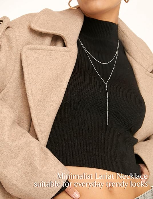 Magitaco Lariat Necklace for Women, 18K Gold Plated/Silver Color Dainty Long Necklaces for Women Layered Y-Necklace, Drop Beaded Sequined Chain for V-Neck, Elegant Wedding Guest Jewelry