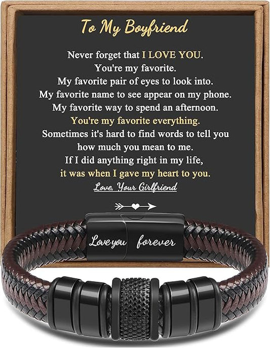 𝐆𝐢𝐟𝐭 𝐟𝐨𝐫 𝐌𝐞𝐧 Braided 𝐋𝐞𝐚𝐭𝐡𝐞𝐫 𝐁𝐫𝐚𝐜𝐞𝐥𝐞𝐭 for Men Dad Husband Boyfriend Son Grandson Brother Stainless Steel Clasp Engraved with Love You Forever Jewelry Birthday Gift 7.5 8.5 9 Inch
