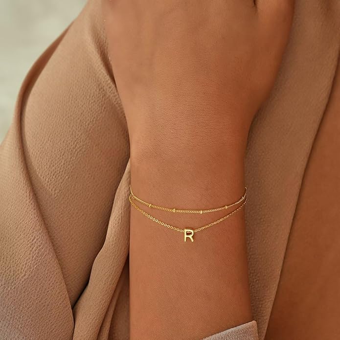 Turandoss Gold Initial Bracelets for Women, Dainty 18K Real Gold Plated Layered Letter A-Z Initial Bracelets Personalized 26 Alphabet Monogram Gold Bracelets for Women Jewelry Gifts Trendy