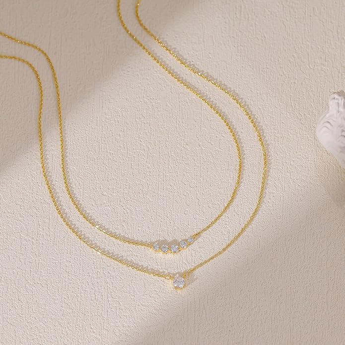 Layered Necklaces for Women,Dainty 14k Gold Plated Choker Necklace Stack Trendy Simple Diamond Pendant Necklace Set for Women Non Tarnish Cute Layering Cubic Zirconia Necklace Fashion Waterproof Jewelry for Women