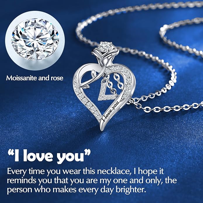 DWWGE Rose Heart Pendant Necklace Gifts for Wife, Engraved 'I love you' Gift for Wife Girlfriend, Anniversary Birthday Eternity Jewelry Present for Women, Moissanite Necklace Gift for Her