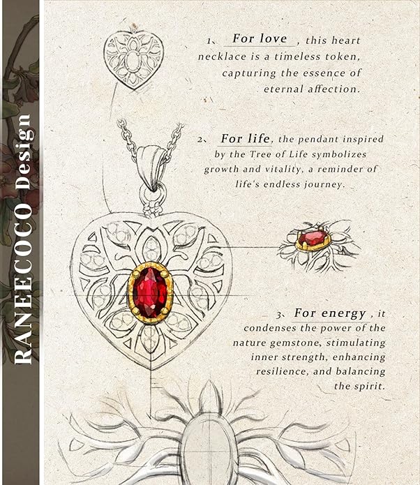 Raneecoco Natural Gemstone Necklace for Women 18K Gold Plated Sterling Silver Two-Tone Tree of Life & Love Heart Pendant Jewelry | Dainty Birthstone Gift For Her Mother Wife