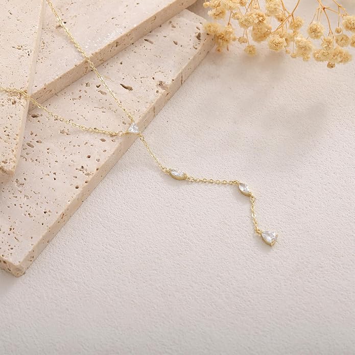 Lariat Necklace for Women, Dainty 14K Gold/Silver Plated Long Necklaces for Women Trendy Simple Layered Y-Shaped Drop Pendant Necklace Adjustable Gold Jewelry Gifts For Her Christmas Stocking Stuffer