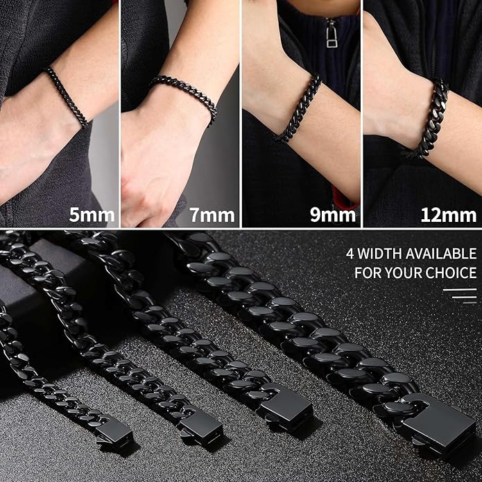 ChainsHouse Stainless Steel Cuban Link Bracelet for Men, 5mm/7mm/9mm/12mm Width, 7.5"/8.3"/9" Length, Black/18K Gold Plated Chain Wrist Bracelets for Men, with Gift Box