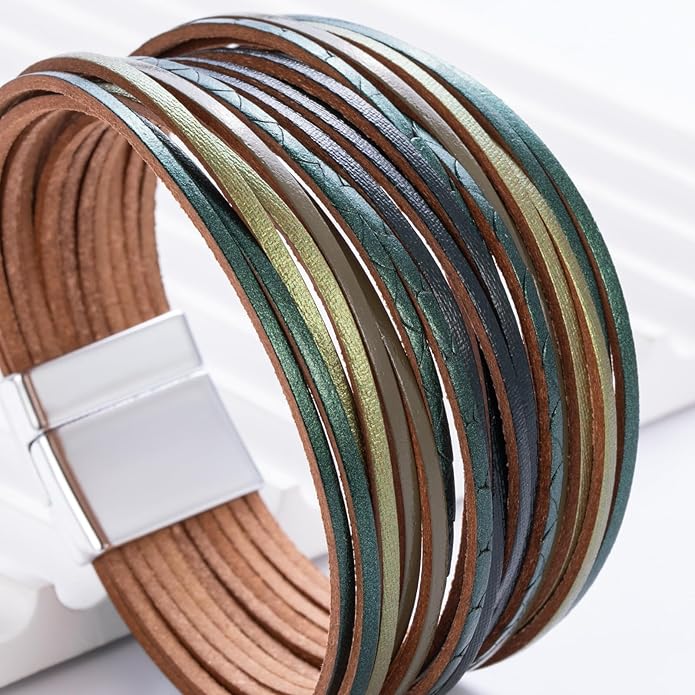 FANCY SHINY Boho Leather Wrap Bracelet Stackable Layered Bangle Cuff with Magnetic Clasp