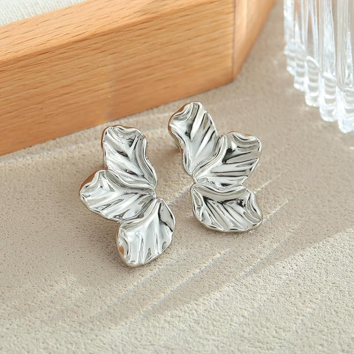 Chunky Gold Statement Earrings For Women Gold Plated Sectored Flower Leaf Shell Angel Wing Earrings Large Stud Earrings Hypoallergenic Earrings