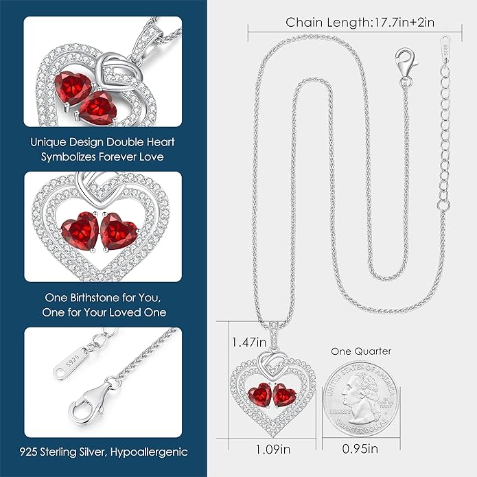 LOUISA SECRET Sparkling Double Heart Birthstone Necklaces for Women, 925 Sterling Silver Fine Jewelry, Pendant Heart Necklaces Birthday Anniversary Christmas Gift for Women Wife Mom Girlfriend Lady