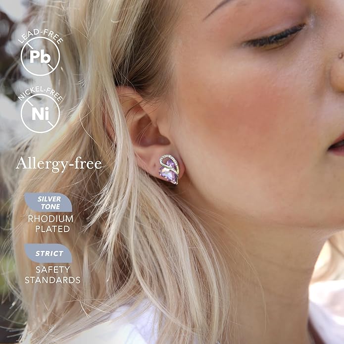 Earrings for Women, Mothers Day Gift for Mom, Heart Birthstone Crystal Stud Earring, Silver Plated Birthday Jewelry
