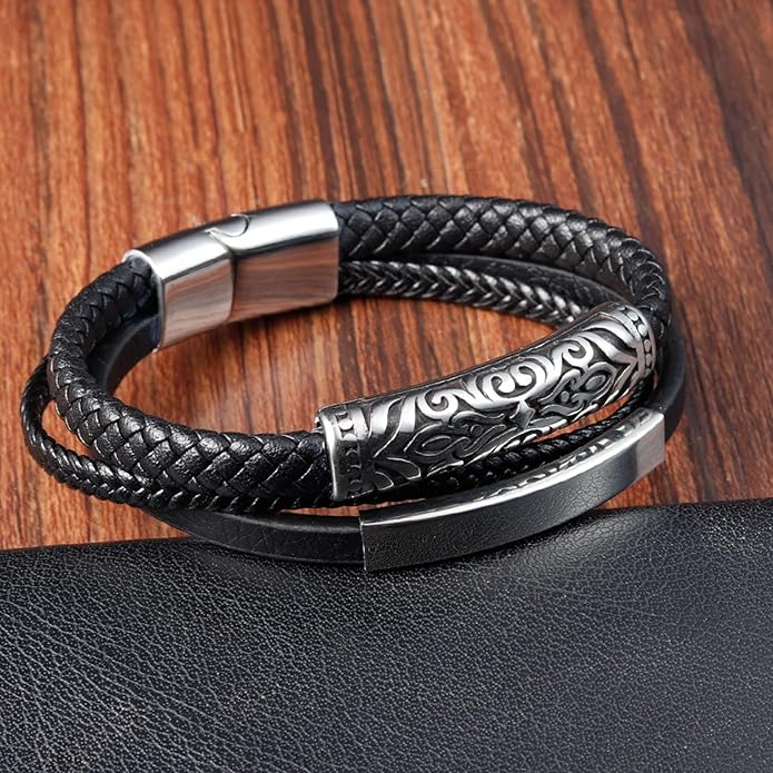 Italian Handmade Genuine Leather Bracelets for Men Stainless Steel Clip, Men's Casual Genuine Multi-layer Cuff Bracelet, Bracelet Gift for Real Men