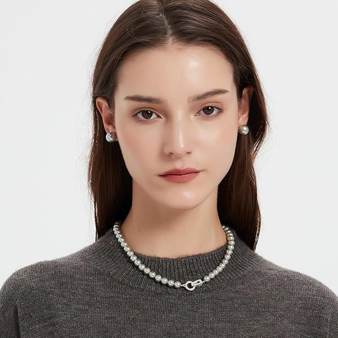 Pearl Necklace 18 inch and Pearl Earrings Studs, Lustrous Gorgeous Imitated Silver/White Pearls Jewelry Set For Women