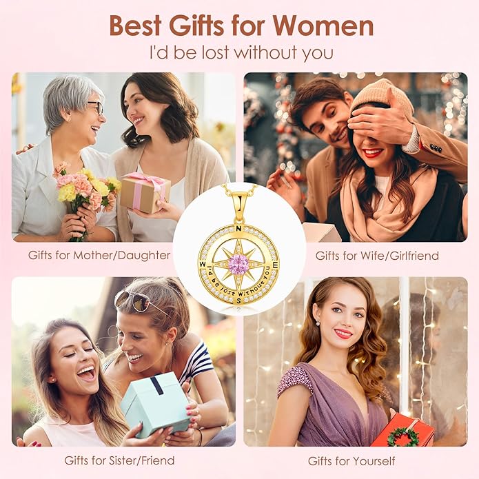 Zifeel Compass Necklace Gifts for Women wife - S925 Sterling Silver Birthstone Necklaces for Women - Anniversary Birthday Gifts for Her Wife Girlfriend - Valentines Mom Mothers Day Christmas Gifts Jewelry for Women