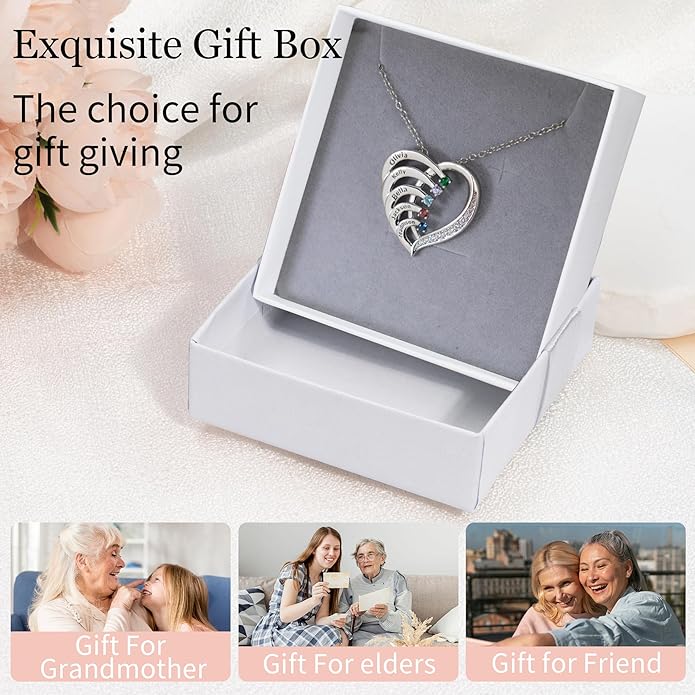 Easycosy Custom Name Necklace with Simulated Birthstones Customized Promise Necklace Heart Pendant with Engraved 2-6 Names - Anniversary Birthday Christmas Jewelry Gifts for Women Wife Mom Grandma