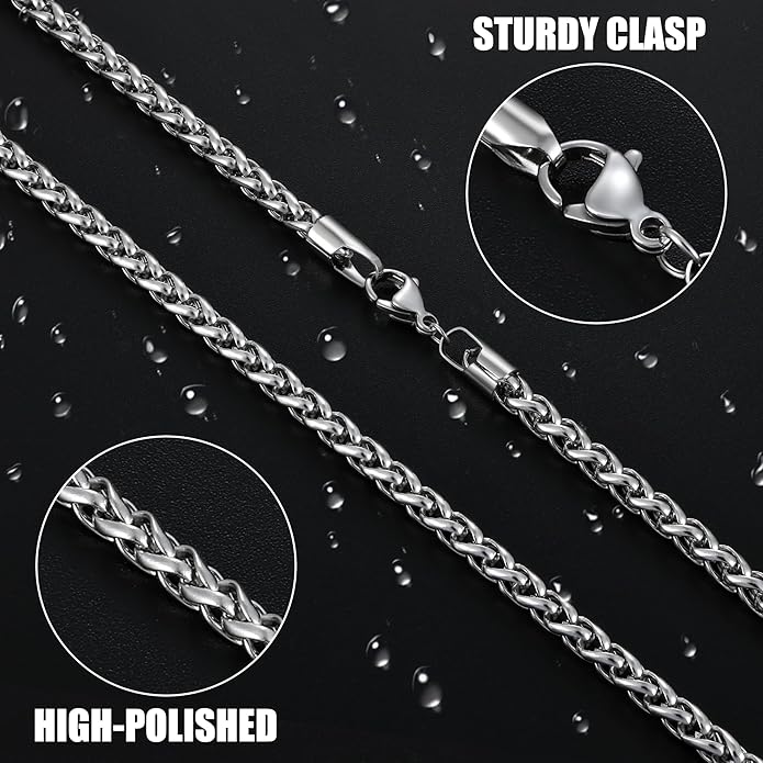 Fiusem Black Wheat Chains for Men and Women, 2/2.5/3/4/5mm Stainless Steel Necklace Chain, Mens Necklace Jewelry Gift 16-28 Inch