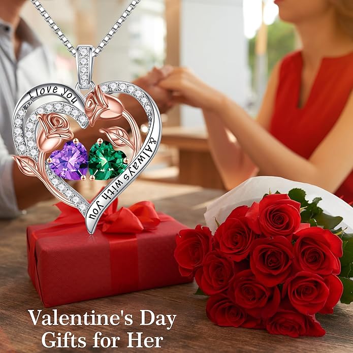 Iefil Birthstone Necklace for Women - 925 Sterling Silver Rose Heart Birthstone Necklace Birthday Anniversary Jewelry Gifts for Her Wife Mom Daughter