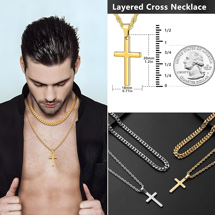 Romass 4Pcs Cross Necklace for Men,Stainless Steel Chains for Men Layered Necklaces Silver Gold Black Pendant Jewelry Box Gifts 18-24 Inches